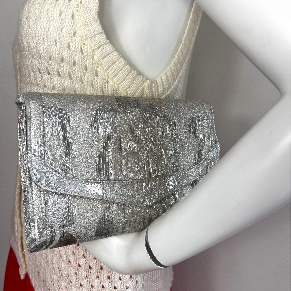 Frederico Leone Clutch Shoulder Bag Floral Purse Flap Snap Metallic Silver